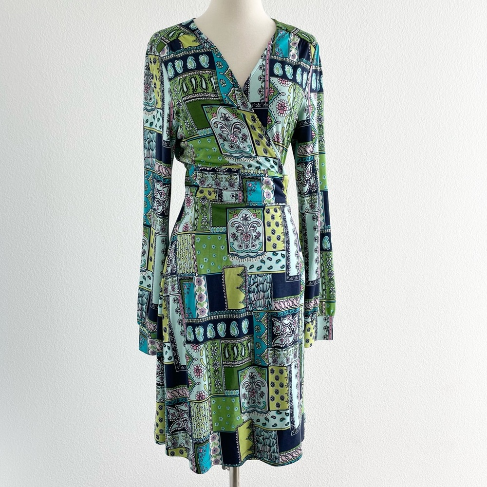 Lilly Pulitzer Green & Navy Patchwork-Print Long Sleeve Wrap Dress